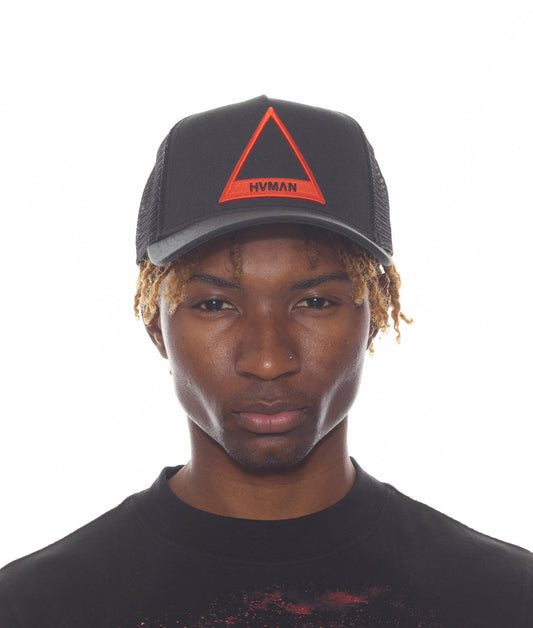 TRIANGLE LOGO MESH TRUCKER CAP IN BLACK /W RED LOGO