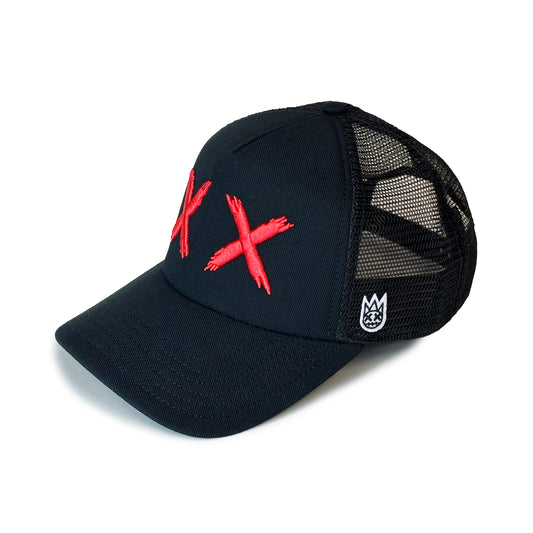 Red & Black Trucker Hat – Mesh Back, Curved Visor, XX Design