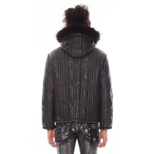 LEATHER PUFFER JACKET WITH FUR HOOD IN BLACK