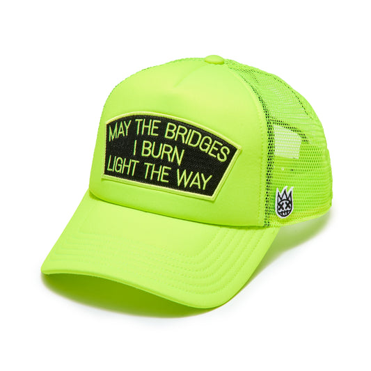 Cult's Mesh Back Trucker Hat In Neon Yellow "May The Bridges I Burn" / Black Patch
