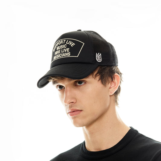 Support Live Music Trucker Hat – Black Mesh Back Cap