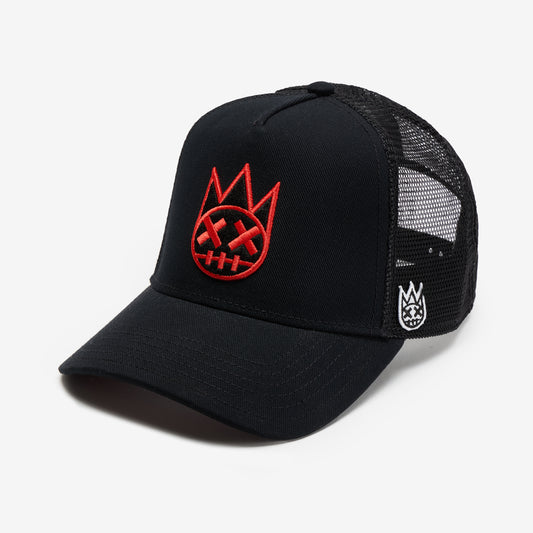 Cult's Clean Shimuchan Red Logo Mesh Back Trucker Hat in Black