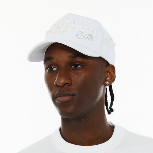 Cult x El Alfa Premium 5 Panel A Frame Trucker Hat with Pearls in White