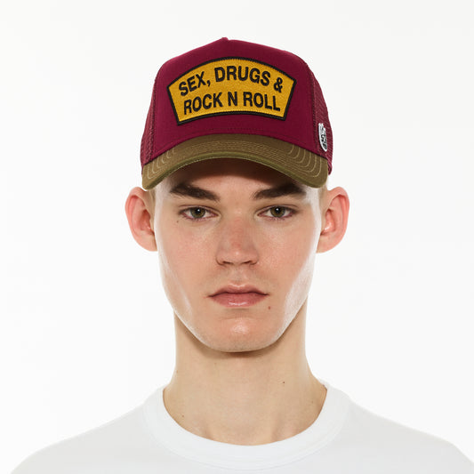 Cult's Logo Mesh Back Trucker Hat "Sex Drugs Rock N Roll" in Rumba Red