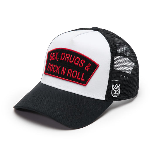 Cult's Logo Mesh Back Trucker Hat "Sex Drugs Rock N Roll" in White