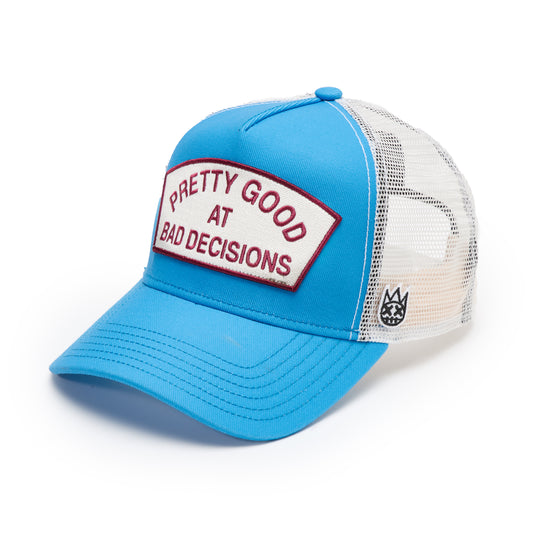 Cult's Logo Mesh Back Trucker Hat "Good At Bad Decisions" in Rhubarb