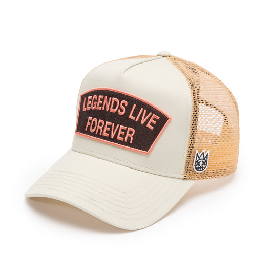Cult's Logo Mesh Back Trucker Hat "Legends Live Forever" in White Swan