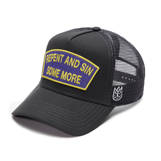 Cult's Logo Mesh Back Trucker Hat "Repent And Sin Some More" in Forged Iron