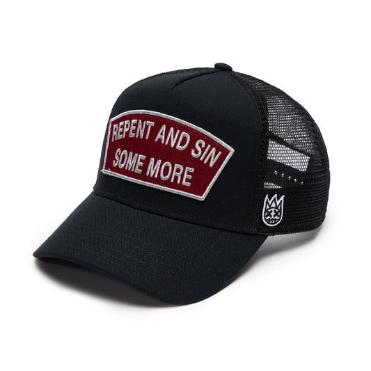 Cult's Logo Mesh Back Trucker Hat "Repent And Sin Some More" in Black