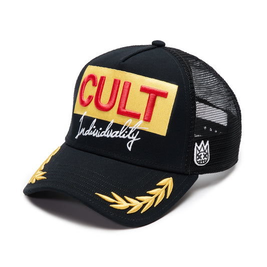 Cult's Logo Mesh Back Trucker Hat "Cult Racing" in Black