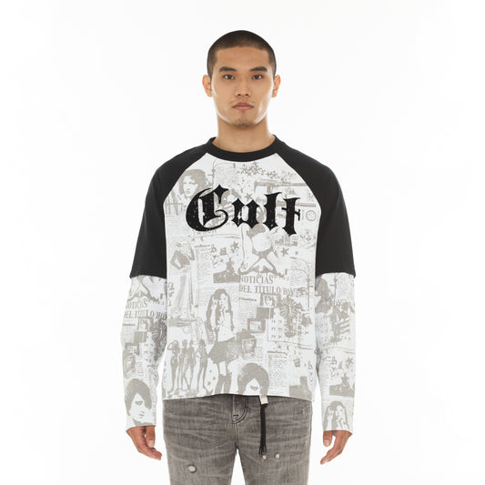 Cult's Long Sleeve Layered Raglan Tee "Propaganda" in White