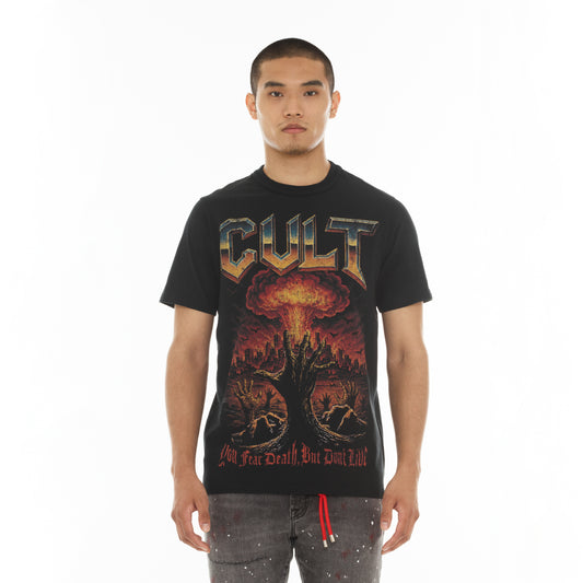 Cult's Short Sleeve Crew Neck Tee "You Fear Death, But Don’t Live" in Black