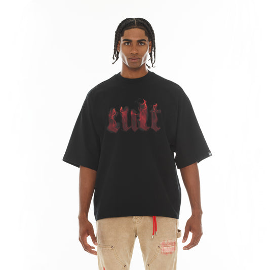 Cult's Oversized Short Sleeve Crew Neck Tee "Flame Logo" in Black