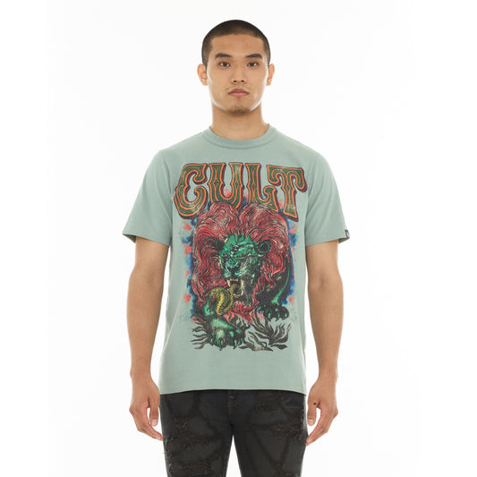 Cult's Heavyweight Short Sleeve Crew Neck Tee "Lion" in Granite Green