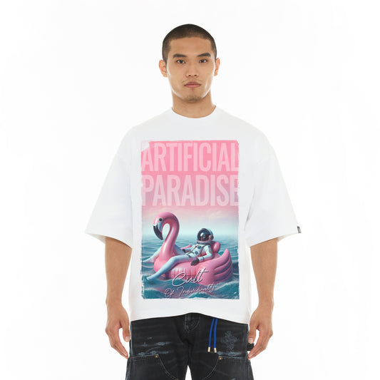 Cult's Oversized Short Sleeve Crew Neck Tee "Artificial Paradise" in White