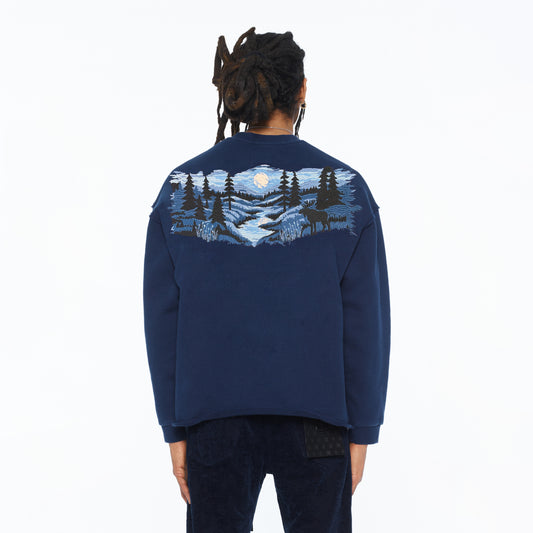 Cult's French Terry Fleece Crew Sweatshirt "Mountains" 620 Grams In Navy