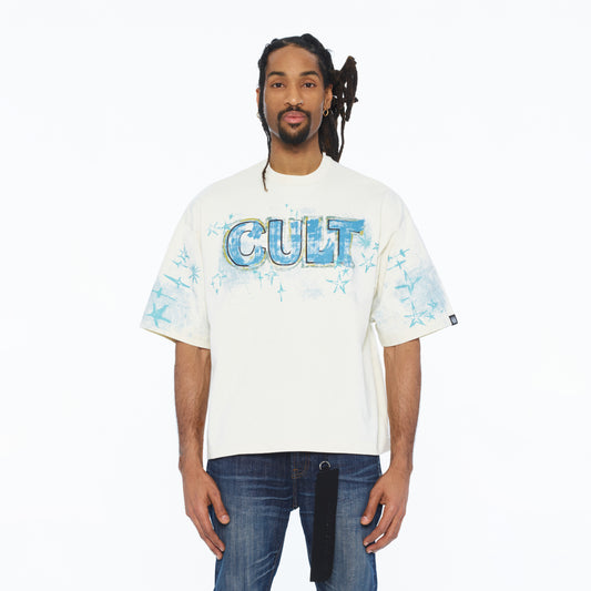 Cult's Oversized Short Sleeve Crew Neck Tee "Stars" 260 Grams In Winter White
