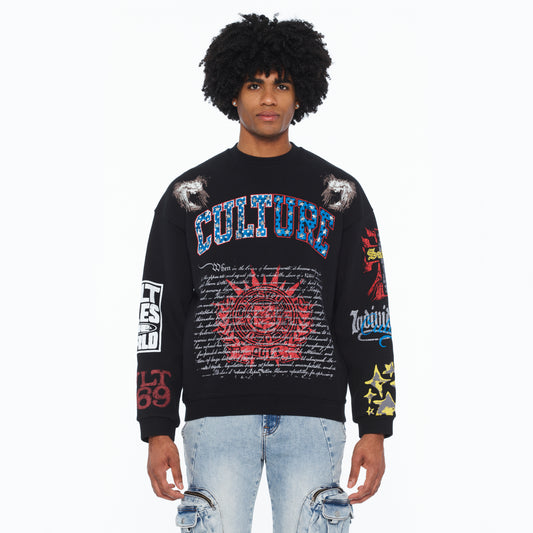 Cult's French Terry Fleece Crew Sweatshirt "Culture" 620 Grams In Black