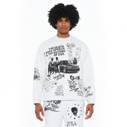 Cult's French Terry Fleece Crew Sweatshirt "The Death Of Free Speec In Heather Grey