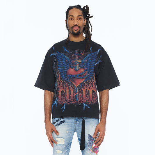 Cult's Oversized Short Sleeve Crew Neck Tee "Heart" 260 Grams In Vintage Charcoal