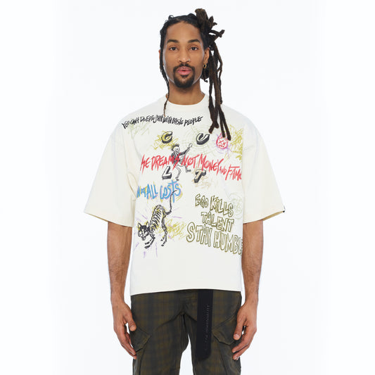 Cult's Oversized Short Sleeve Crew Neck Tee "Graffiti" 260 Grams In Winter White