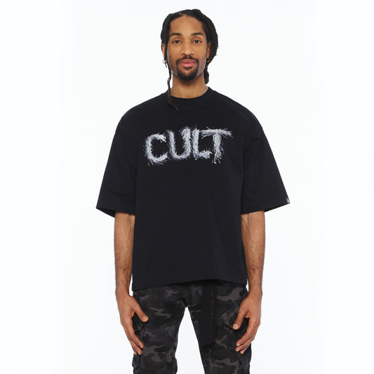 Cult's Oversized Short Sleeve Crew Neck Tee "Shredded" 260 Grams In Black
