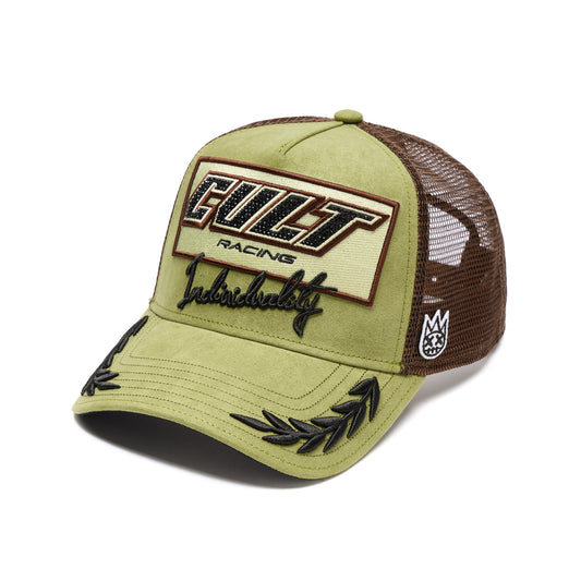 Cult's Mesh Back Trucker Hat "Cult Racing" In Olive