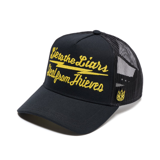 Cult's Mesh Back Trucker Hat "Lie To The Liars" In Black/Yellow