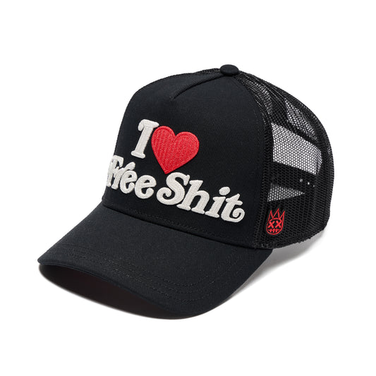 Cult's Mesh Back Trucker Hat "I Love Free Shit" In Black