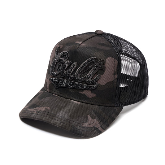 Cult's Mesh Back Trucker Hat "Camo Crystal Script" In Black Camo