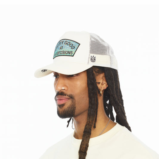 Cult's Mesh Back Trucker Hat "Pretty Good At Bad Decisions" In Winter White