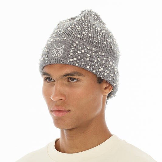Cult's Knit Hat "Crystals And Pearls" In Charcoal Grey