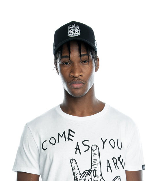 Black Trucker Hat – Black Crown, Black Mesh, Curved Visor