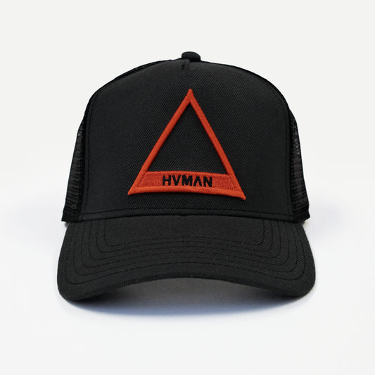 TRIANGLE LOGO MESH TRUCKER CAP IN BLACK /W RED LOGO