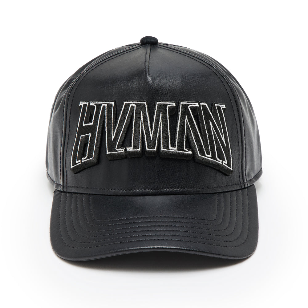 Hvman Logo Mesh Trucker Hat in Black Faux Leather