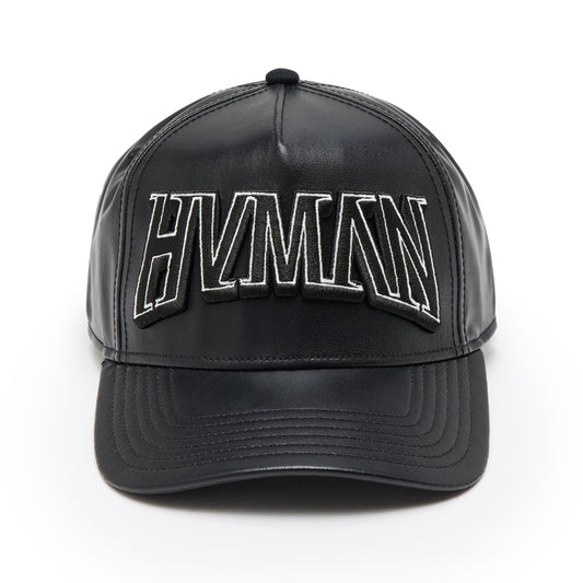 Hvman Logo Mesh Trucker Hat in Black Faux Leather
