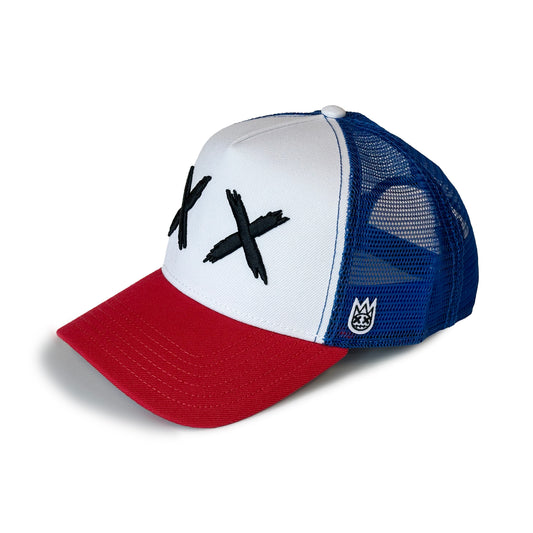 Cult's XX Visor Royal Mesh Trucker Hat in White/Red