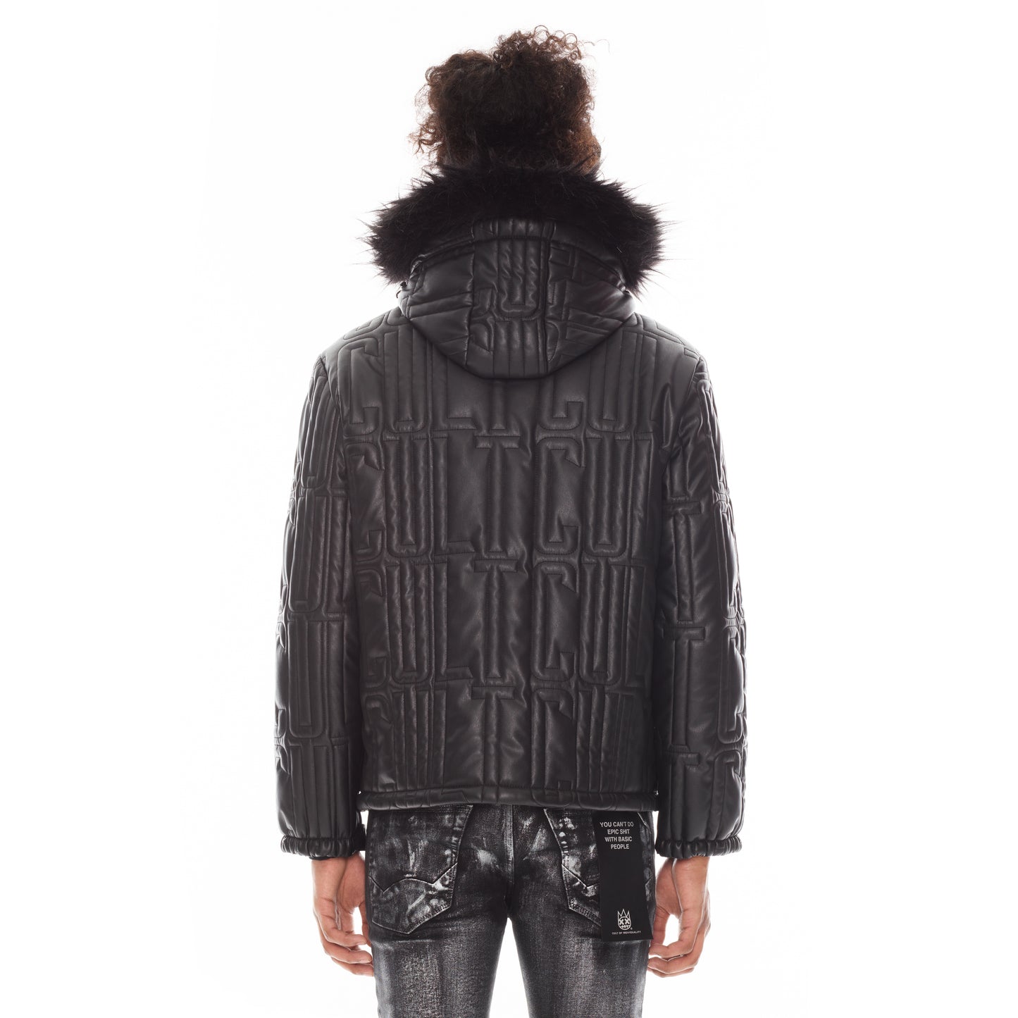 LEATHER PUFFER JACKET WITH FUR HOOD IN BLACK