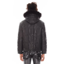 Load image into Gallery viewer, LEATHER PUFFER JACKET WITH FUR HOOD IN BLACK