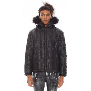 LEATHER PUFFER JACKET WITH FUR HOOD IN BLACK
