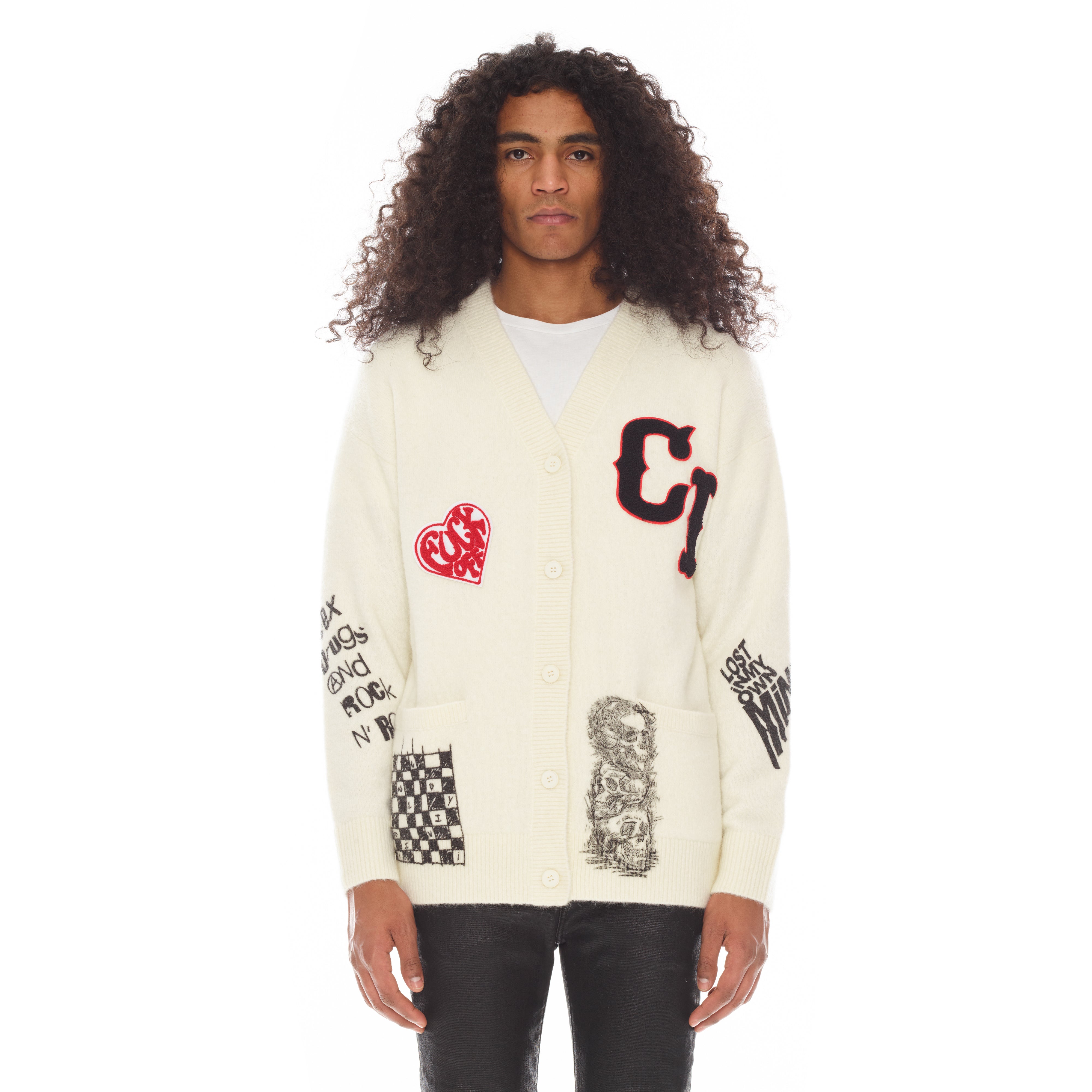 COLLEGIATE CARDIGAN SWEATER IN WINTER WHITE