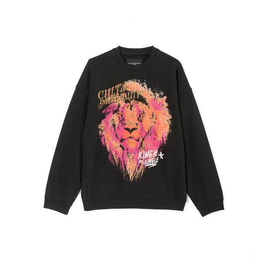 Cult's Crew Neck Fleece Sweater "King Of The Jungle" in Pirate Black