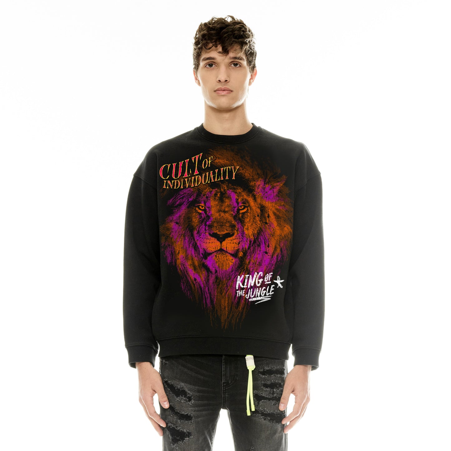 Cult's Crew Neck Fleece Sweater "King Of The Jungle" in Pirate Black