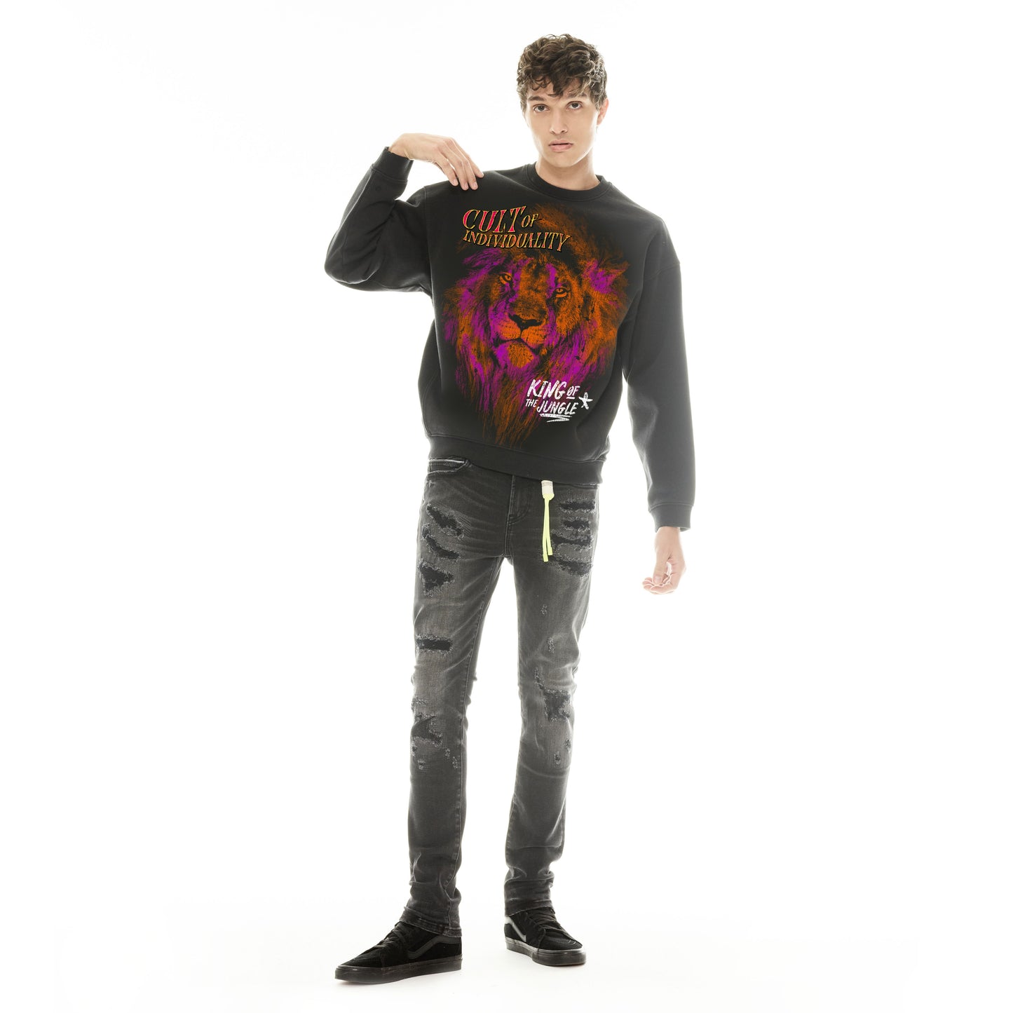 Cult's Crew Neck Fleece Sweater "King Of The Jungle" in Pirate Black