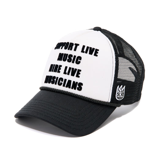 Cult's Support Live Music Foam Mesh Trucker in White & Black