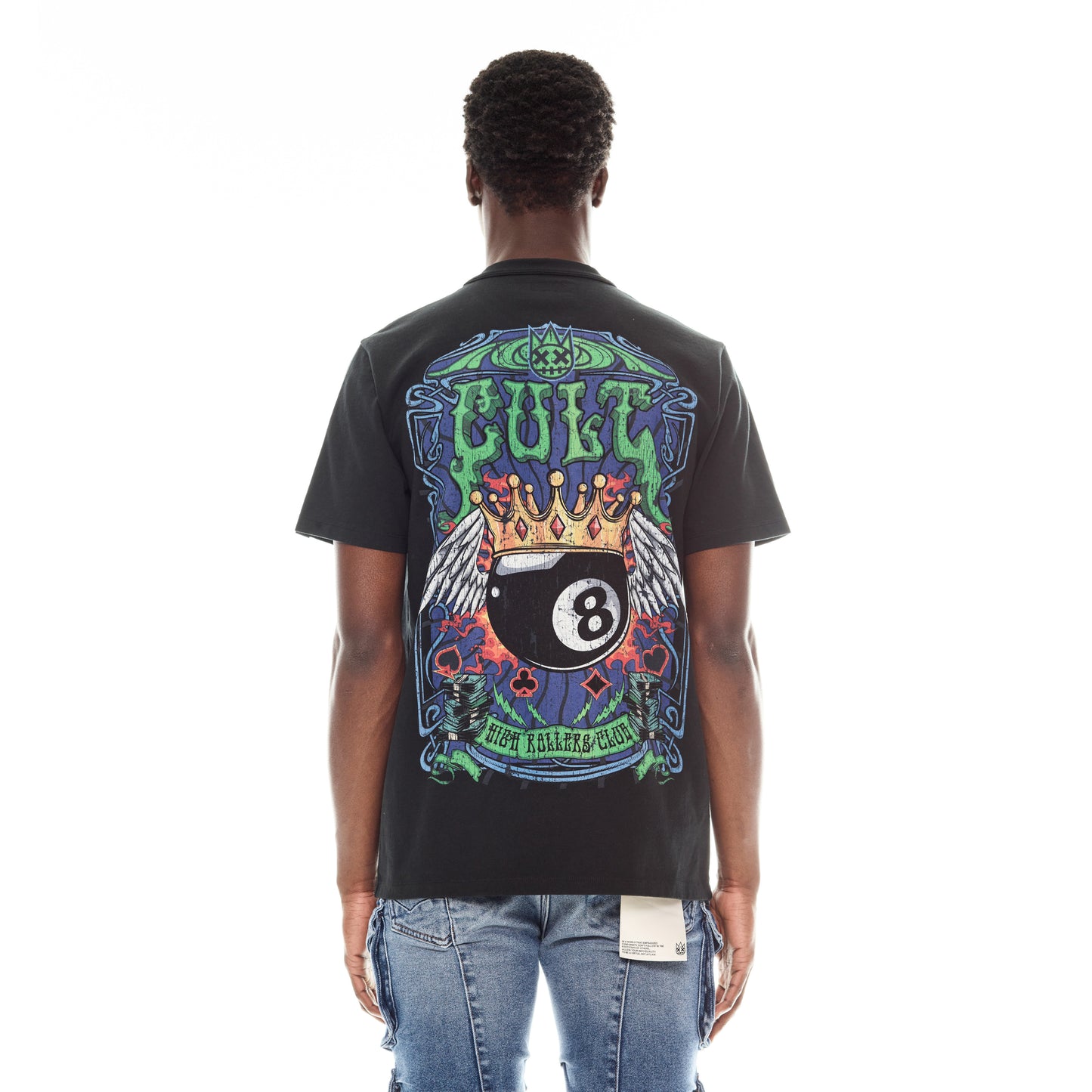 SHORT SLEEVE CREW NECK TEE " HIGH ROLLERS CLUB " IN PIRATE BLACK