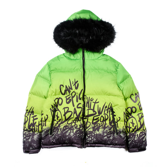 PUFFER JACKET WITH FUR HOOD IN NEON YELLOW