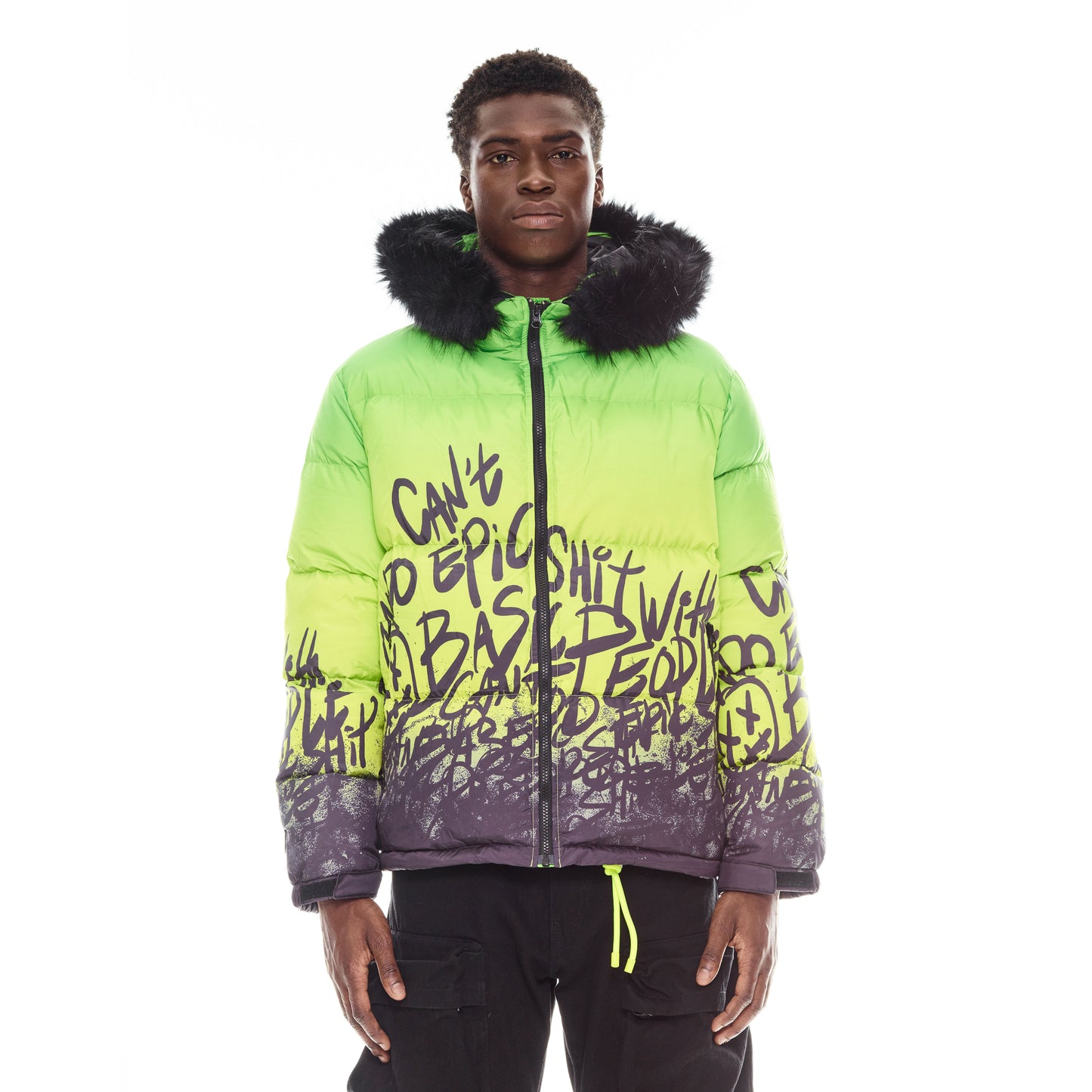 PUFFER JACKET WITH FUR HOOD IN NEON YELLOW