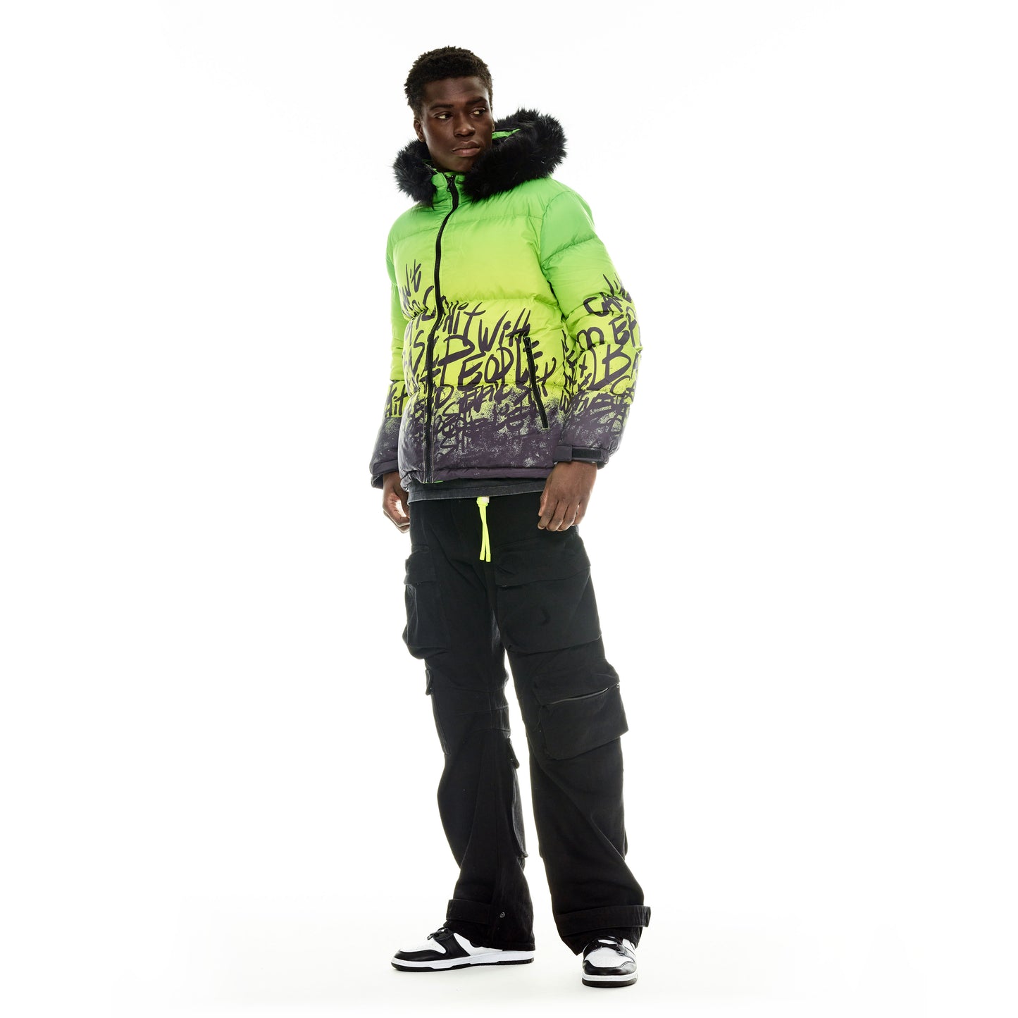 PUFFER JACKET WITH FUR HOOD IN NEON YELLOW