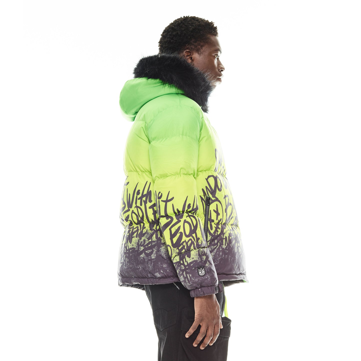 PUFFER JACKET WITH FUR HOOD IN NEON YELLOW